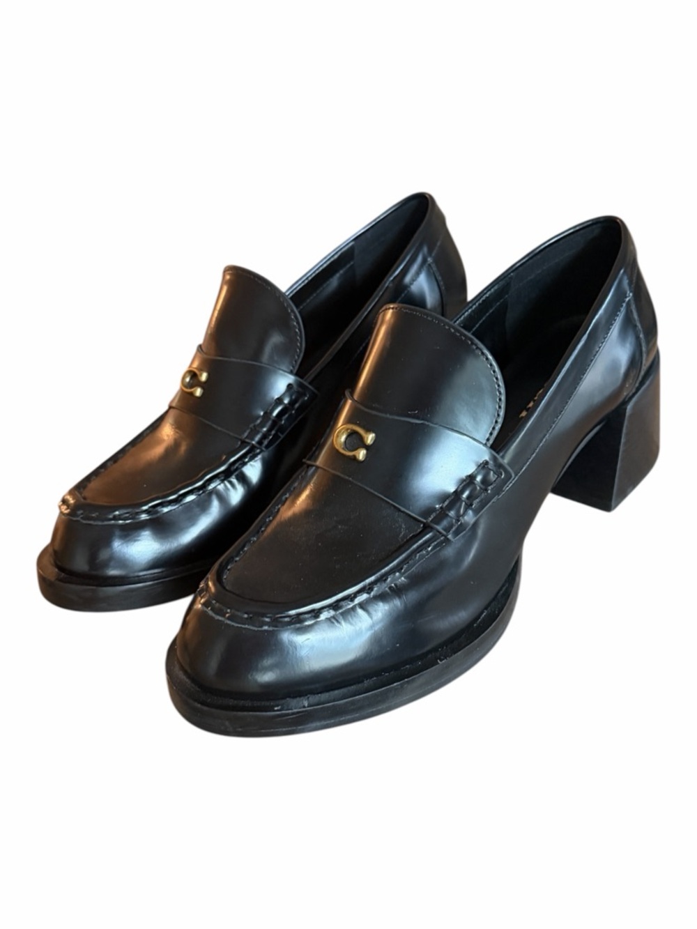Coach Natalie Leather Loafer Heels Black Size 9 NIB Gold C Hardware